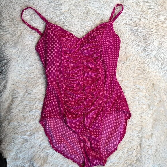 Vintage‎ 80s does 50s Pinup Esther Williams Ruched Pink Polka Dot Swimsuit L - Picture 1 of 8